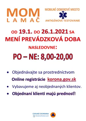 MOM Lamač - zmena prevádzkovej doby od 19. januára