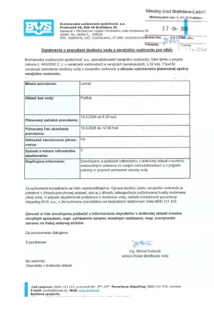 Oznámenie o prerušení dodávky pitnej vody na Podháji