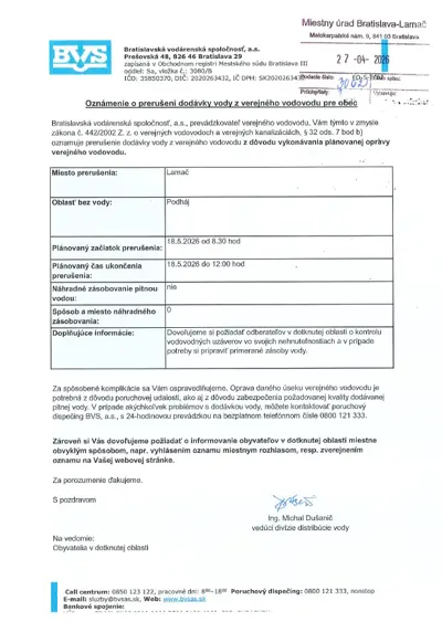 Oznámenie o prerušení dodávky pitnej vody na Podháji