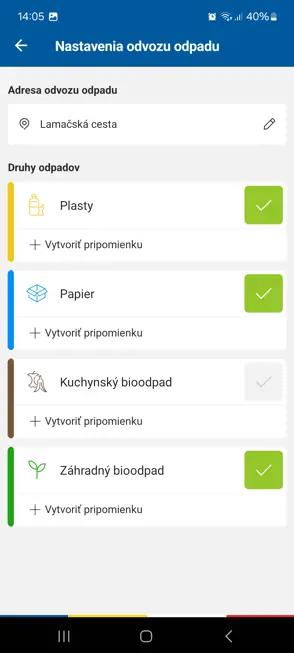 Mobilná aplikácia Lamač - odvoz odpadu z rodinných domov - výber sledovaného odpadu